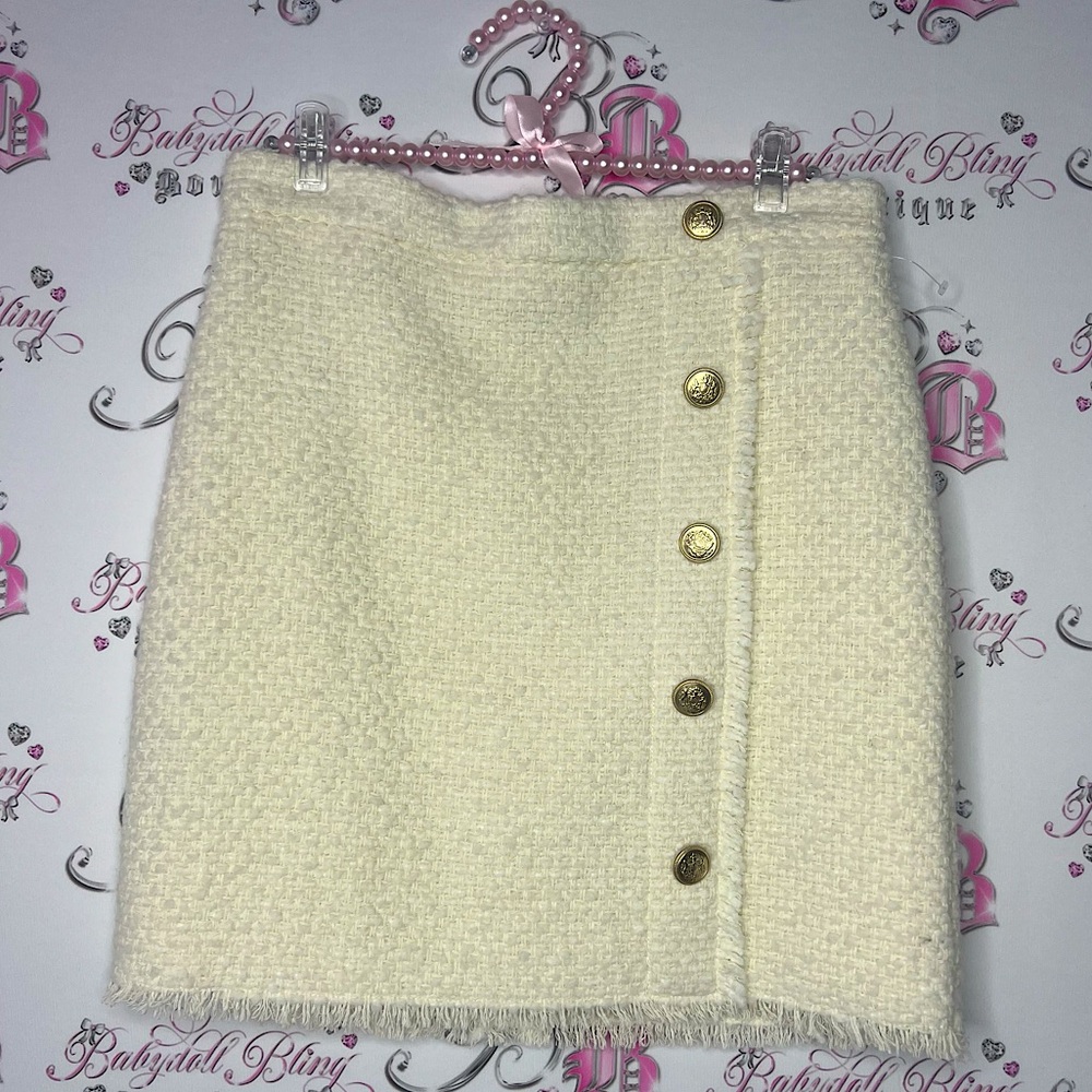 SEDUCTIVE Tweed skirt Jenny cream white buttons gold zip up back fringe trim